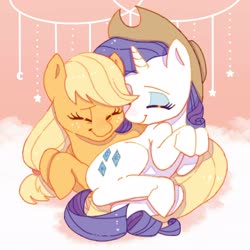 Size: 2048x2048 | Tagged: dead source, safe, artist:chapaghettii, applejack, rarity, earth pony, pony, unicorn, g4, accessory swap, applejack's hat, cowboy hat, crescent moon, cute, duo, eyes closed, female, hat, high res, horn, jackabetes, lesbian, lying down, mare, moon, nuzzling, raribetes, ship:rarijack, shipping, smiling, stars
