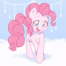 Size: 2048x2048 | Tagged: dead source, safe, artist:chapaghettii, pinkie pie, earth pony, pony, g4, crescent moon, crossed legs, cute, diapinkes, female, high res, moon, open mouth, smiling, solo, standing, stars