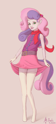 Size: 556x1214 | Tagged: safe, artist:mrstrats, sweetie belle, anthro, unguligrade anthro, g4, clothes, female, human facial structure, looking at you, scarf, simple background, skirt, socks, solo, thigh highs