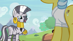 Size: 1920x1080 | Tagged: safe, screencap, doctor fauna, zecora, earth pony, pony, zebra, g4, she talks to angel, beautiful, cutie mark, ear piercing, earring, female, hoof on chest, jewelry, looking at someone, mare, mohawk, neck rings, offscreen character, piercing, smiling, sweet feather sanctuary, talking