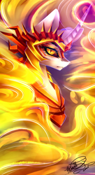 Size: 1024x1886 | Tagged: safe, artist:purediamond360, daybreaker, alicorn, pony, g4, bust, eyelashes, female, fire, horn, looking at you, mane of fire, portrait, signature, solo