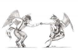 Size: 1600x1038 | Tagged: safe, artist:baron engel, rainbow dash, oc, oc:marshall, anthro, unguligrade anthro, g4, colored hooves, dancing, duo, grayscale, hat, monochrome, pencil drawing, simple background, story included, suspenders, traditional art, white background