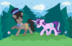 Size: 2150x1380 | Tagged: safe, artist:pink-pone, eleventh hour, starlight glimmer, earth pony, pony, unicorn, g4, bowtie, duo, eyes closed, female, hat, male, mare, stallion, top hat, walk, walking