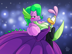 Size: 2000x1500 | Tagged: safe, artist:jamearts, spike, oc, oc:barbara greenscale, oc:jimmy basil-lisk, dragon, anthro, g4, barb, barbara greenscale, breasts, busty barb, cleavage, clothes, dress, gown, rule 63