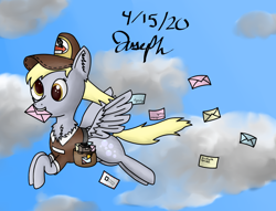 Size: 6100x4670 | Tagged: safe, artist:solder point, derpy hooves, pegasus, pony, g4, cheek fluff, chest fluff, clothes, cloud, cute, derpabetes, digital art, ear fluff, female, flying, hat, letter, mail, mailmare, mouth hold, shading, signature, sky, solo, uniform