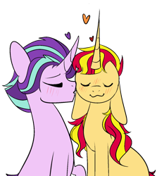 Size: 1218x1308 | Tagged: safe, artist:bublebee123, artist:icicle-niceicle-1517, color edit, edit, starlight glimmer, sunset shimmer, pony, unicorn, g4, alternate hairstyle, blushing, cheek kiss, collaboration, colored, curved horn, cute, eyes closed, female, floppy ears, gay, heart, horn, kissing, male, rule 63, rule63betes, ship:shimmerglimmer, ship:stellarglare, shipping, simple background, stallion, stellar gleam, sunset glare, transparent background