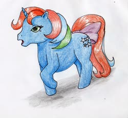 Size: 2219x2052 | Tagged: safe, artist:40kponyguy, derpibooru exclusive, starflower, pony, unicorn, g1, bow, female, high res, requested art, simple background, solo, tail bow, traditional art