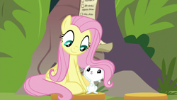 Size: 1920x1080 | Tagged: safe, screencap, angel bunny, fluttershy, g4, she talks to angel, angelbetes, cute, looking at each other, shyabetes, sitting