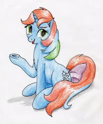 Size: 2078x2510 | Tagged: safe, artist:40kponyguy, derpibooru exclusive, starflower, pony, unicorn, g1, g4, bow, ear fluff, female, g1 to g4, generation leap, high res, looking at you, mare, raised hoof, requested art, simple background, solo, tail bow, traditional art, underhoof