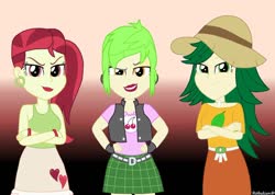 Size: 1058x755 | Tagged: safe, artist:robukun, cherry crash, rose heart, sweet leaf, equestria girls, g4, clothes, ear piercing, earring, female, hat, jewelry, looking at you, piercing, plaid skirt, skirt, trio, trio female, vest