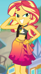 Size: 521x940 | Tagged: safe, screencap, sunset shimmer, equestria girls, equestria girls specials, g4, my little pony equestria girls: better together, my little pony equestria girls: forgotten friendship, belly button, bikini, bikini top, blurry background, building, clothes, cropped, cute, female, forest background, geode of empathy, jewelry, legs, lidded eyes, magical geodes, midriff, necklace, pose, sarong, sexy, shimmerbetes, shoulder bag, shoulders, skirt, sky, sleeveless, smiling, solo, sun, swimsuit