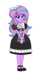 Size: 2000x3800 | Tagged: safe, artist:gabosor, derpibooru exclusive, part of a set, oc, oc only, oc:flower blossom, equestria girls, g4, blue eyes, bow, clothes, cute, dress, female, hair bow, headband, high res, lipstick, lolita fashion, looking at you, maid, multicolored hair, princess princess, shoes, simple background, smiling, solo, trans female, transgender, transparent background