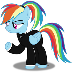 Size: 2448x2466 | Tagged: safe, artist:anime-equestria, rainbow dash, pegasus, pony, g4, alternate hairstyle, annoyed, bowtie, clothes, high res, ponytail, rainbow dash always dresses in style, rainbow dash is not amused, simple background, solo, suit, transparent background, tuxedo, unamused, vector, wings