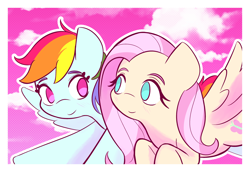 Size: 1890x1299 | Tagged: safe, artist:burgeroise, fluttershy, rainbow dash, pegasus, pony, g4, cute, duo, female, flying, mare, no pupils