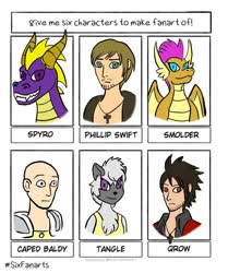 Size: 754x900 | Tagged: safe, artist:niemiectommy, smolder, dragon, human, anthro, g4, bald, bust, clothes, crossover, dragoness, female, grin, jewelry, male, necklace, one punch man, philip swift, pirates of the caribbean, qrow branwen, rwby, saitama, six fanarts, smiling, sonic the hedgehog (series), spyro the dragon, spyro the dragon (series)
