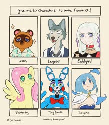 Size: 1785x2048 | Tagged: safe, artist:nightmaredraws, fluttershy, human, pegasus, pony, raccoon, anthro, g4, animal crossing, animatronic, anthro with ponies, beastars, bust, crossover, female, five nights at freddy's, legosi (beastars), male, mare, out of frame, puella magi madoka magica, six fanarts, smiling, tom nook, toy bonnie