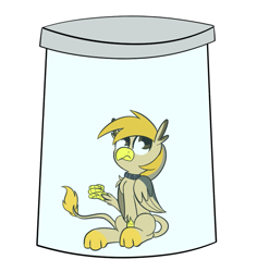 Size: 709x750 | Tagged: safe, artist:nevaylin, oc, oc:pad, griffon, collar, griffon oc, jar, lewd container meme, pony in a bottle, stuck, this will not end well, ych result