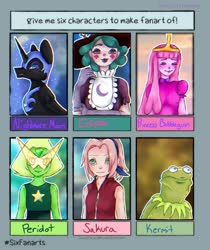 Size: 1000x1192 | Tagged: safe, artist:snugglyboi, nightmare moon, alicorn, frog, gem (race), human, humanoid, pony, g4, adventure time, bust, clothes, crossover, eclipsa butterfly, female, gem, haruno sakura, hat, helmet, kermit the frog, male, mare, naruto, peridot, peridot (steven universe), peytral, princess bubblegum, six fanarts, star vs the forces of evil, steven universe, the muppets