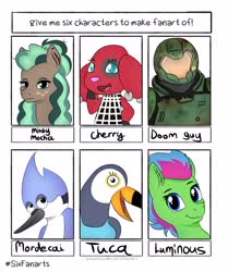 Size: 3104x3705 | Tagged: safe, artist:almond evergrow, artist:suchalmy, luminous dazzle, minty mocha, bird, blue jay, dog, earth pony, pegasus, pony, toucan, anthro, g4, animal crossing, anthro with ponies, bust, cherry (animal crossing), clothes, crossover, doom, doom guy, female, freckles, high res, male, mare, mordecai, regular show, six fanarts, smiling, tuca and bertie, tuca toucan
