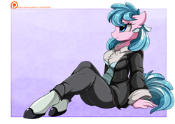 Size: 3524x2500 | Tagged: safe, artist:pridark, oc, oc only, oc:artabana, earth pony, anthro, unguligrade anthro, anthro oc, clothes, commission, female, high res, mare, pants, patreon, sitting, smiling, solo, suit