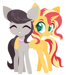 Size: 4000x4559 | Tagged: safe, artist:belka-sempai, octavia melody, sunset shimmer, earth pony, pony, unicorn, g4, absurd resolution, blushing, cute, duo, duo female, eyes closed, female, friendshipping, hug, mare, shimmerbetes, simple background, smiling, tavibetes, transparent background