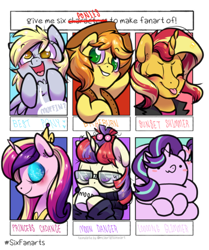 Size: 858x1024 | Tagged: safe, artist:paperbagpony, braeburn, derpy hooves, moondancer, princess cadance, starlight glimmer, sunset shimmer, alicorn, earth pony, pegasus, pony, unicorn, g4, best pony, blush sticker, blushing, braebetes, clothes, coils, colored pupils, cowboy hat, cup, cute, cutedance, dancerbetes, derpabetes, drinking, equestria girls outfit, eyes closed, female, glasses, glimmerbetes, hat, horn, jewelry, lidded eyes, long glimmer, male, mare, one of these things is not like the others, regalia, shimmerbetes, six fanarts, smiling, stallion, stetson, sweater, tongue out, wings