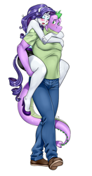 Size: 500x953 | Tagged: safe, artist:pia-sama, rarity, spike, anthro, plantigrade anthro, g4, adult spike, alternate hairstyle, blushing, carrying, clothes, drool, duo, eyeshadow, female, gigachad spike, high heels, legs, makeup, male, mare, miniskirt, older, older spike, piggyback ride, ponytail, ship:sparity, shipping, skirt, sleeping, straight