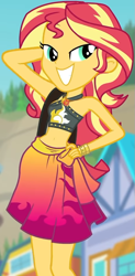Size: 465x947 | Tagged: safe, screencap, sunset shimmer, equestria girls, equestria girls series, forgotten friendship, g4, adorasexy, belly button, bikini, bikini top, blurry background, building, clothes, cropped, cute, female, forest background, geode of empathy, hand on hip, jewelry, legs, lidded eyes, magical geodes, midriff, necklace, outdoors, pose, sarong, sexy, shimmerbetes, shoulder bag, sky, sleeveless, smiling, solo, sun, swimsuit, wristband