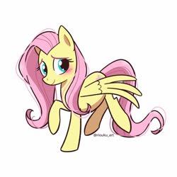 Size: 1024x1024 | Tagged: safe, artist:riouku, fluttershy, pegasus, pony, g4, blushing, cute, female, mare, raised hoof, shyabetes, simple background, smiling, solo, spread wings, white background, wings