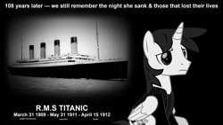 Size: 3840x2160 | Tagged: safe, artist:ejlightning007arts, oc, oc only, oc:ej, alicorn, pony, alicorn oc, black and white, grayscale, high res, horn, monochrome, ocean, remember, sad, ship, sitting, solo, titanic, wings