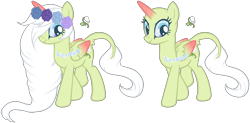 Size: 2860x1410 | Tagged: safe, artist:skulifuck, oc, oc only, alicorn, pony, alicorn oc, bald, base used, duo, eyelashes, female, floral head wreath, flower, hair over one eye, horn, leonine tail, mare, rose, simple background, smiling, transparent background, wings