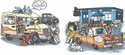 Size: 1024x455 | Tagged: safe, artist:sketchywolf-13, oc, oc only, cow, dog, earth pony, pegasus, pony, building, car, dodge ram van, ford, ford ranger, hat, lincoln (car), lincoln continental, pickup truck, restaurant, speech bubble, text, traditional art, van