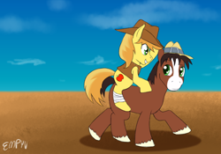 Size: 1000x700 | Tagged: safe, artist:empyu, braeburn, trouble shoes, earth pony, pony, g4, cowboy hat, duo, hat, looking at each other, male, ponies riding ponies, riding, riding a pony, sky, stallion, unshorn fetlocks
