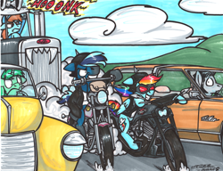 Size: 1024x786 | Tagged: safe, artist:sketchywolf-13, rainbow dash, oc, earth pony, pegasus, pony, unicorn, g4, clothes, cloud, commission, female, harley davidson, highway, imminent final destination 2 vision, jacket, leather jacket, lincoln (car), lincoln continental, lincoln zephyr, male, mare, motorcycle, peterbilt, riding, sky, stallion, traditional art, truck