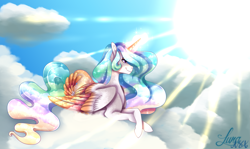Size: 2821x1686 | Tagged: safe, artist:djspark3, princess celestia, alicorn, pony, g4, cloud, colored wings, crepuscular rays, female, glowing horn, high res, horn, mare, multicolored wings, on a cloud, prone, solo, sun, wings