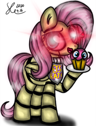 Size: 720x944 | Tagged: safe, artist:starflashing twinkle, fluttershy, pegasus, pony, robot, robot pony, g4, animatronic, bib, chica, crossover, cupcake, evil, female, five nights at freddy's, flutterchica, food, glowing eyes, hooves, open mouth, roboticization, solo, tail, wings