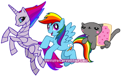 Size: 886x560 | Tagged: safe, artist:tavington, rainbow dash, cat, pegasus, pony, robot, g4, crossover, nyan cat, robot unicorn attack, simple background, transparent background
