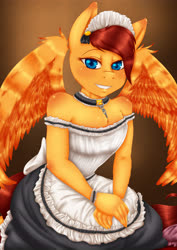 Size: 4093x5787 | Tagged: safe, artist:alelinx, oc, oc:lucky, anthro, absurd resolution, bedroom eyes, blushing, bow, chains, clothes, collar, crossdressing, cute, headdress, maid, smiling, wristband