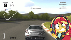 Size: 977x549 | Tagged: safe, edit, edited screencap, screencap, sunset shimmer, equestria girls, g4, angry, car, female, frustrated, gran turismo, gran turismo 4, mercedes-benz, mercedes-benz slr mclaren, mission 34, nurburgring, rage, solo, sunset shimmer frustrated at game