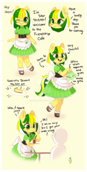 Size: 800x1579 | Tagged: safe, artist:ipun, oc, oc only, oc:star stitcher, earth pony, anthro, unguligrade anthro, anthro oc, arm hooves, chibi, clothes, deviantart watermark, female, food, friendship cafe, glasses, maid, mare, obtrusive watermark, pie, solo, watermark
