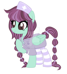 Size: 1280x1404 | Tagged: safe, artist:magicdarkart, oc, oc only, pegasus, pony, clothes, deviantart watermark, female, mare, nurse outfit, obtrusive watermark, simple background, socks, solo, striped socks, thigh highs, transparent background, watermark