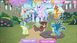 Size: 1280x720 | Tagged: safe, gameloft, gallus, ocellus, sandbar, silverstream, smolder, yona, changedling, changeling, classical hippogriff, dragon, earth pony, griffon, hippogriff, pony, yak, g4, bow, cloven hooves, collection, colored hooves, dragoness, female, hair bow, jewelry, male, monkey swings, necklace, student six, teenager