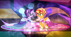Size: 4096x2160 | Tagged: safe, artist:laszlvfx, artist:orin331, edit, starlight glimmer, sunset shimmer, alicorn, pony, g4, alicornified, clothes, clothes swap, crown, dress, duo, female, jewelry, mare, race swap, regalia, shimmercorn, starlicorn, wallpaper, wallpaper edit