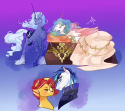 Size: 1577x1400 | Tagged: safe, artist:bunnari, princess celestia, princess luna, shining armor, sunset shimmer, alicorn, pegasus, pony, unicorn, g4, alternate design, alternate universe, female, infidelity, male, missing horn, shiningshimmer, shipping, sleeping, species swap, straight, unicorn luna