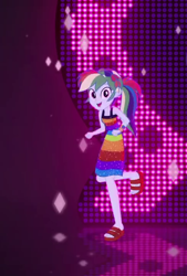 Size: 488x720 | Tagged: safe, screencap, rainbow dash, equestria girls, equestria girls series, i'm on a yacht, spoiler:eqg series (season 2), bare shoulders, beautiful, clothes, cropped, cute, dancing, dashabetes, dress, female, headband, looking at you, neon eg logo, open mouth, rainbow dash always dresses in style, sandals, singing, sleeveless, smiling, smiling at you, solo