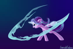 Size: 2400x1600 | Tagged: safe, artist:emeraldgalaxy, starlight glimmer, pony, unicorn, g4, badass, badass adorable, cute, digital art, female, glowing horn, gradient background, horn, magic, magic sword, mare, solo, sword, weapon