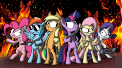 Size: 5760x3240 | Tagged: safe, artist:piemations, applejack, fluttershy, pinkie pie, rainbow dash, rarity, twilight sparkle, earth pony, pegasus, pony, unicorn, g4, angry, baseball bat, bipedal, dexterous hooves, fire, gun, handgun, mane six, minigun, pistol, shotgun, sunglasses, unicorn twilight, weapon