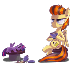 Size: 2600x2307 | Tagged: safe, artist:piemations, twilight sparkle, oc, oc only, oc:pen, alicorn, pegasus, pony, g4, cup, dexterous hooves, female, food, high res, plushie, pony plushie, serious, serious face, simple background, sitting, solo, tea, teacup, transparent background, twilight sparkle (alicorn)