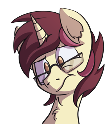 Size: 967x1080 | Tagged: safe, artist:piemations, oc, oc only, oc:ambiguity, pony, unicorn, bust, confused, glasses, no pupils, portrait, simple background, solo, transparent background