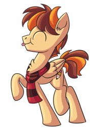 Size: 2224x2697 | Tagged: safe, artist:piemations, oc, oc only, oc:pen, pegasus, pony, chest fluff, clothes, eyes closed, high res, scarf, silly, simple background, solo, striped scarf, tongue out, transparent background, trotting
